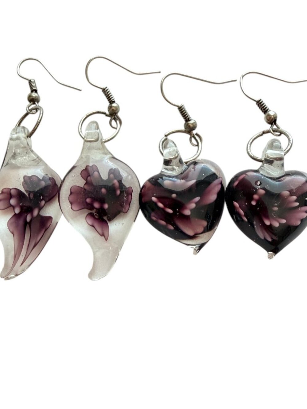 Vintage Murano Lampwork Glass Earrings Set - Purple Pink Floral Heart & Flame